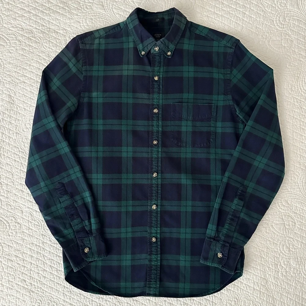 J. Crew Men's Black Watch Tartan Plaid Slim Fit Oxford Shirt Button Down S